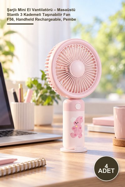 Yenilig 4 Adet Şarjlı Mini El Vantilatörü – Masaüstü Stantlı 3 Kademeli Taşınabilir Fan F56, Handheld Rechargeable, Pembe