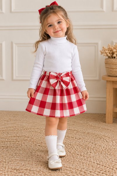 BAHNUR Girl's Baby Kids' 3-Thread Red Plaid Gingham Bowknot Skirt and White R...