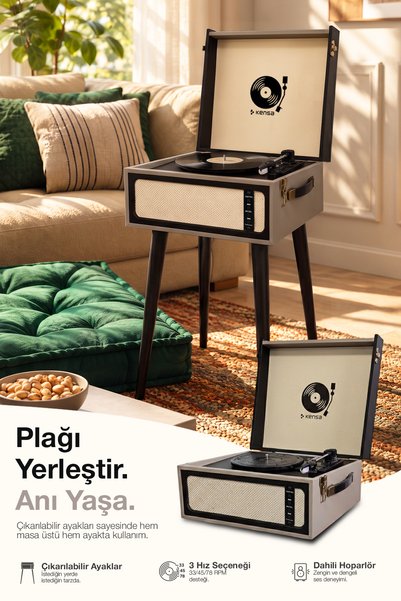 Kensa Bluetooth’lu Nostaljik Ayaklı Pikap 33/45/78 Devir USB/AUX Destekli Plak
