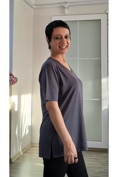 Mertcan Butik Smoked V-Neck Side-Slit Short-Sleeved Combed Viscose T-Shirt