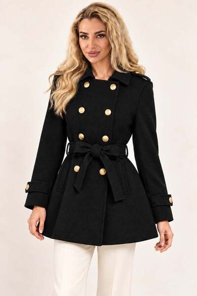 FashionForYou Jachetă scurtă MARVENA, cu șnur detașabil și nasturi aurii, Neg...