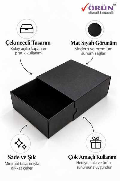 Örün Matbaa Siyah Mat Premium Çekmeceli Takı Kutusu 7,5x7,5x3 cm Kurdele Delikli Hediye Kutusu 18 Adet Demonte