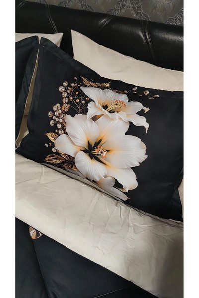 AYBERK HOME TEXTİLE White Pearl 5D Digital Printed Cotton Double Sleeping Set with Elastic Sheets 6 Pieces