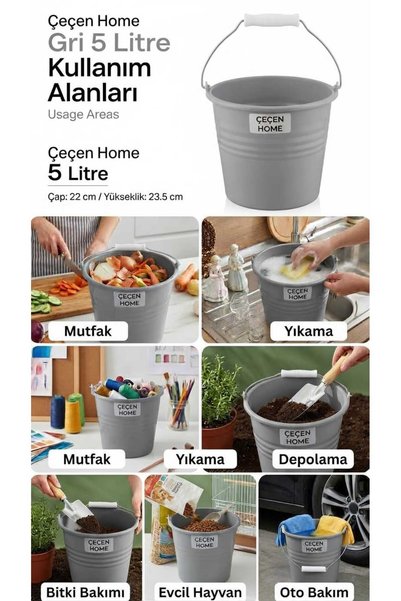 ÇEÇEN HOME 1 No 5 Litre Metal Kulplu Bakraç Kova - Çok Amaçlı Renkli Mutfak, ...