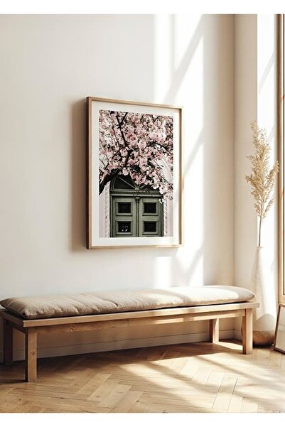 KEYFHOME Ușă verde Flori roz Cadru din lemn MDF Tablou Poster Living Decor de...