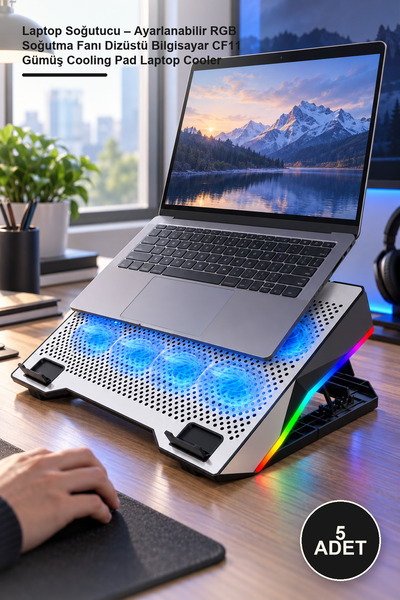 Yenilig 5 Adet Laptop Soğutucu – Ayarlanabilir RGB Soğutma Fanı Dizüstü Bilgisayar CF11 Gümüş Cooling Pad Laptop Cooler