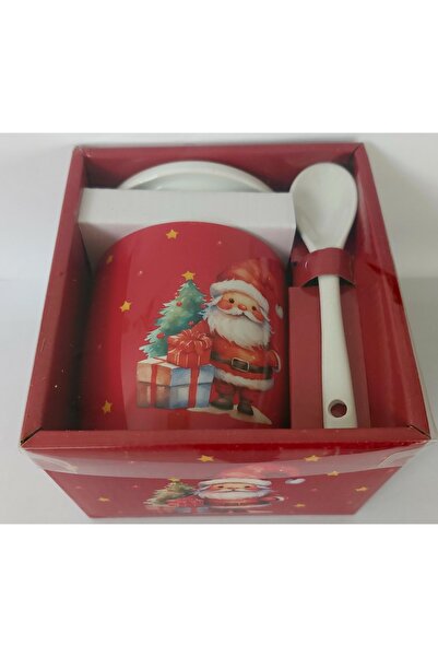 Jumbo Set cana ceramica cu lingurita si farfurie, model Mos Craciun