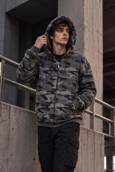 technomonkey Hanorac pentru bărbați, gri, negru, cu model camuflaj, cu fermoa...