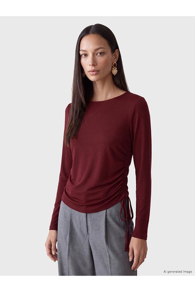 LC Waikiki Burgundy Asymmetrical Cut Gathered Blouse