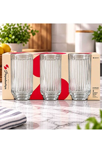 Dorian 3 Tumblers Çizgi Detaylı Cam Su ve Meşrubat Bardağı 340cc
