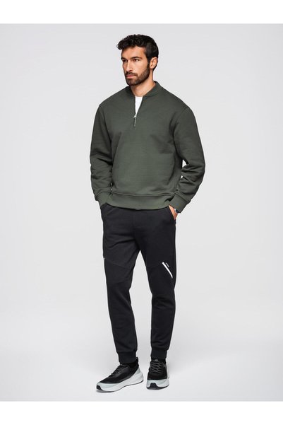 OMBRE Pantaloni de trening jogger pentru bărbați, croială normală, detalii cusături frontale, imprimeu siliconic, negru OM-PASK-0280