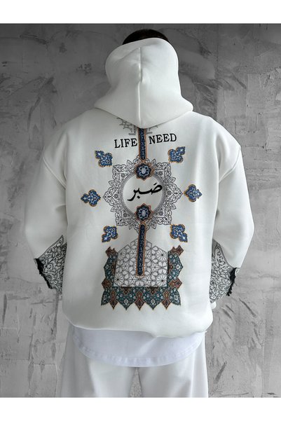 NO1 KONSEPT Λευκό φούτερ με κουκούλα Oversize Premium Life Need με κέντημα
