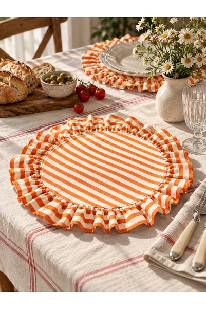 Mirilliahome Keten Yuvarlak Supla 2'li Set 40 cm Fırfırlı Çizgili Amerikan Se...