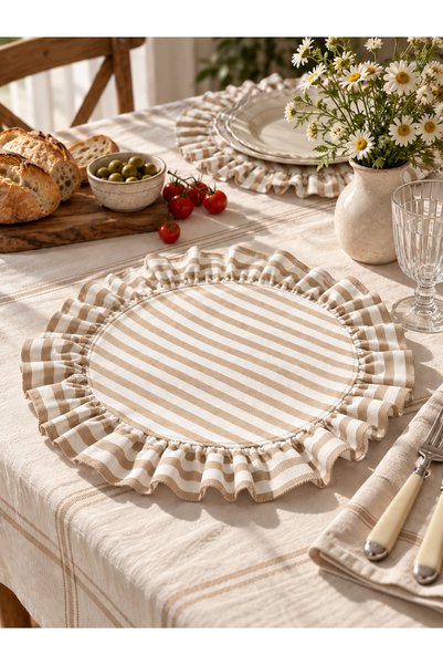 Mirilliahome Keten Yuvarlak Supla 2'li Set 40 cm Fırfırlı Çizgili Amerikan Se...