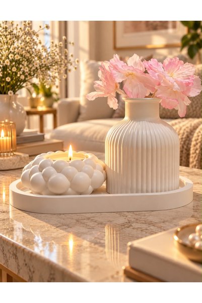 7Light Atelier Tepsili Mum ve Çizgili Vazo Seti