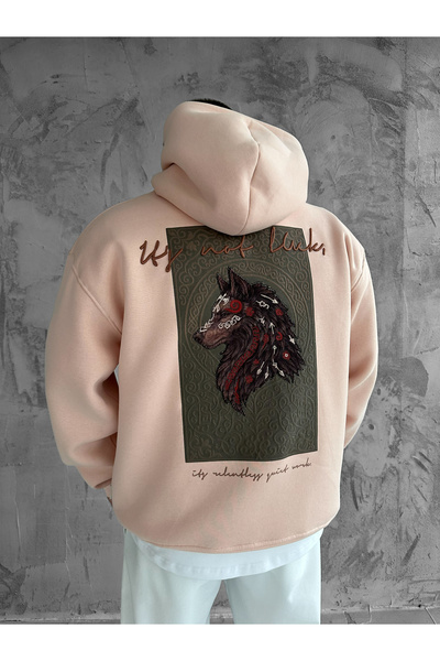 NO1 KONSEPT Pink Hooded Oversize Premium Wolf Embroidered Sweatshirt