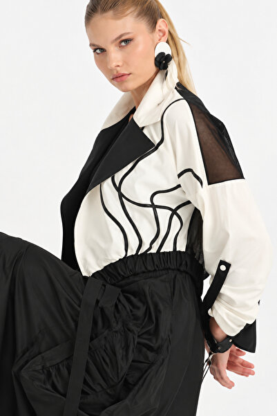 MERİDE Women's Black and White Contrast Patterned Short Cardigan with Tulle Detail - 766-White - XL