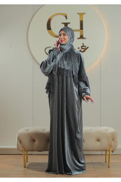 ghina hijab شرشف صلاة غنى حجاب مخمل منقط - رمادي
