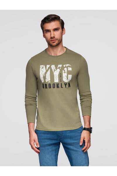 OMBRE Tricou bărbătesc cu mânecă lungă, croială normală, imprimeu pe piept, b...