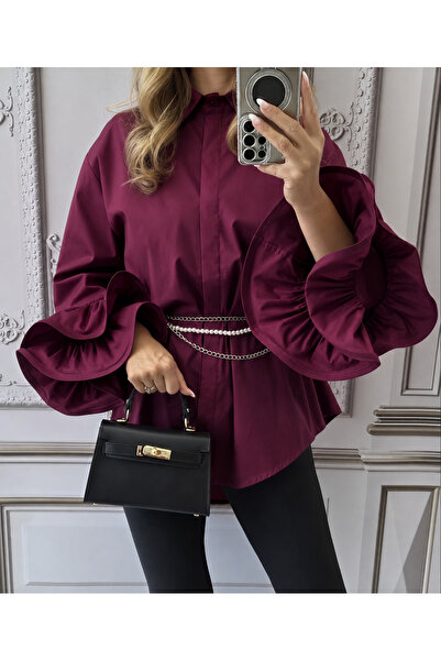 OnlyForYou Cămașă Damă Din Bumbac Cu Volane Elegante La Mâneci, Croi Lejer