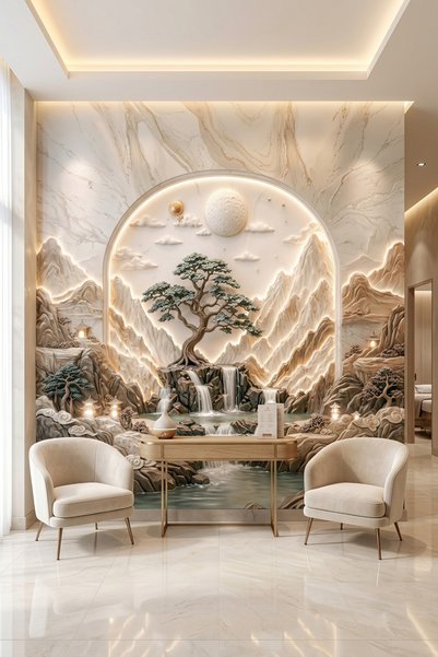 dreamwall Ayın Sessiz Bahçesi-Kabartmalı Ay, Orman ve Şelale Desenli Tek Parç...