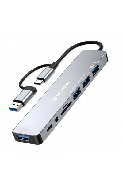 Techsuit Hub USB / USB-C H9 DataBridge, 8 în 1, Gri