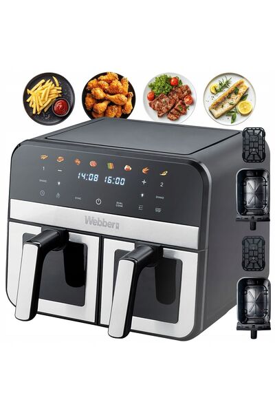 WEBBER Friteuză cu Aer Cald AF900, 9L, 2400W, 2 Coșuri Ceramice, 8 Programe