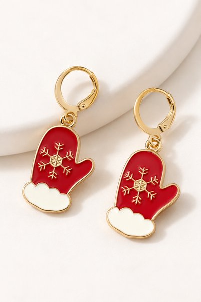 FEG STORE Women's Icicle Themed Glove Figured Necklace and Earring Jewelry Set Gold Color with Snowflake Detail