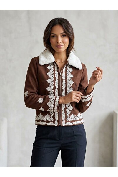 REELMODA Women's Embroidered Plush Collar Checked Coat