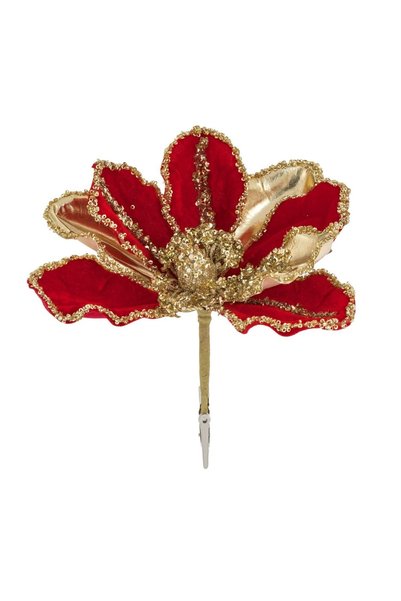 OEM Floare Decorativa de Crăciun Roșie Catifelata cu Margele Aurii și Clips 2...