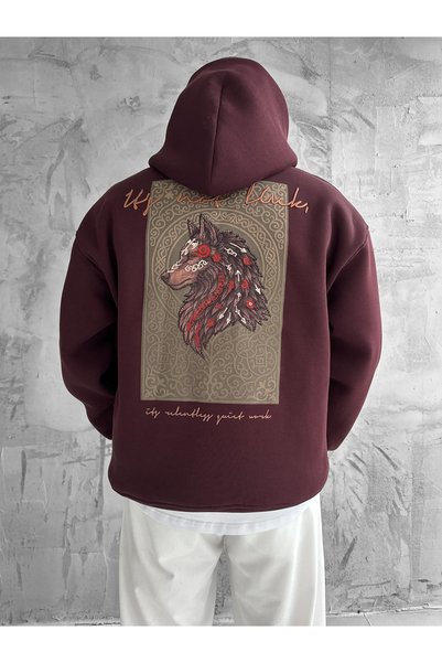 NO1 KONSEPT Burgundy Hooded Oversize Premium Wolf Embroidered Sweatshirt
