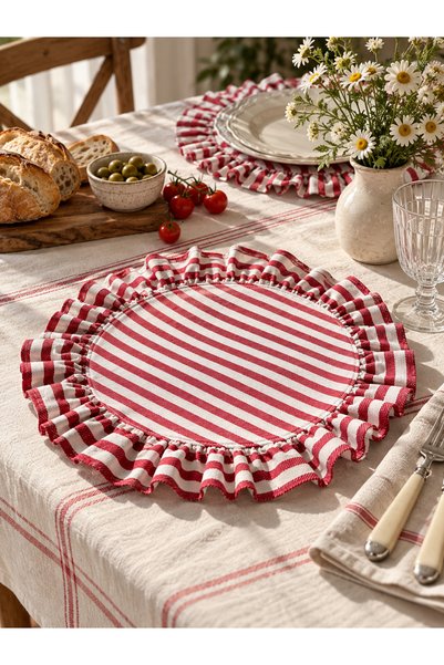 Mirilliahome Keten Yuvarlak Supla 2'li Set 40 cm Fırfırlı Çizgili Amerikan Se...