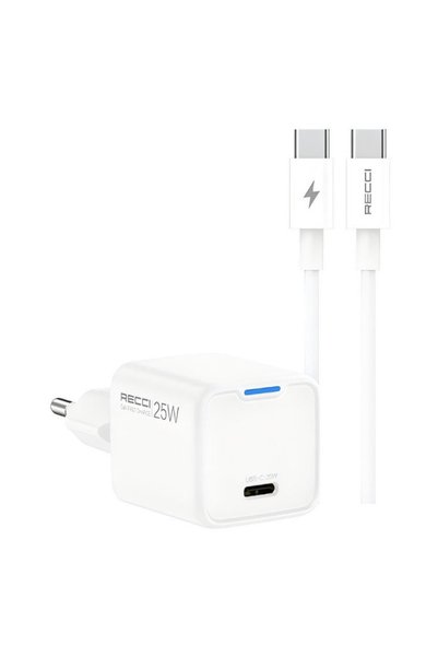 Recci RC106E Φορτιστής Τοίχου GaN 25W με Καλώδιο 1m USB-C to USB-C - Λευκό