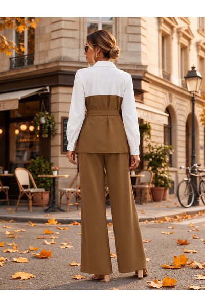 Generic Brand Women's Long Sleeve Collared Top with Trikoton Asymmetrical Detail, Belted at the Waist, Imported Crepe Blouse and Torn Detail
