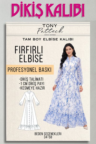 Tony Patteck Fırfırlı Elbise (EL53) - Hazır Dikiş Kalıbı (34-58 Beden)