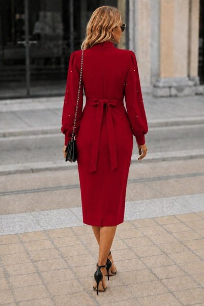 Generic Brand Women's Long Sleeve Bow Collar Side Slit Pearl Embellished Midi Imported Crepe Dress
