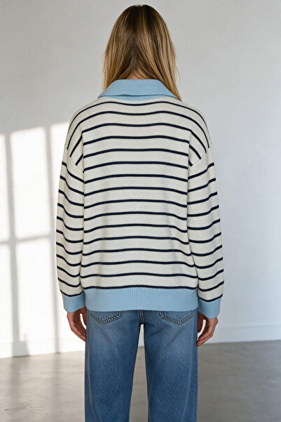 Sue Store Ecru Blue Navy Blue Striped Zippered Knit Sweater