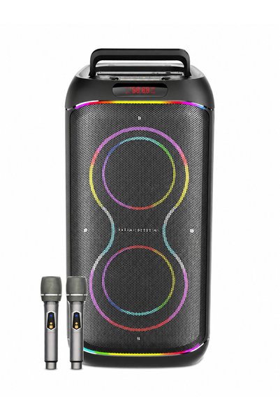 Başkenttekno BTS-2255 110W RBG Işıklı Çift Kablosuz Mikrofonlu Taşinabilir Bluetooth Karaoke Premium Parti Hopörlörü