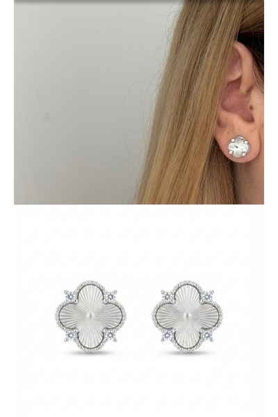 AychaAksesuar Silver Color Small Stone Clover Earrings