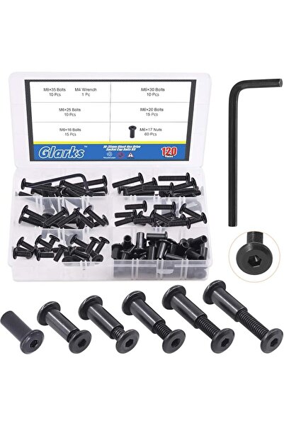 Glarks 121Pcs M6 Black Hex Socket Cap Bolt and Barrel Nut Assortment Kit for ...