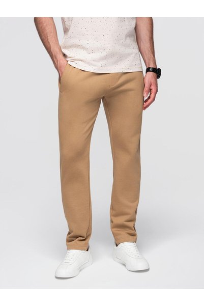 OMBRE Pantaloni de trening pentru bărbați, croială ușor ajustată, tricotaj din bumbac, talie cu șnur, culoare cafea OM-PABS-0206