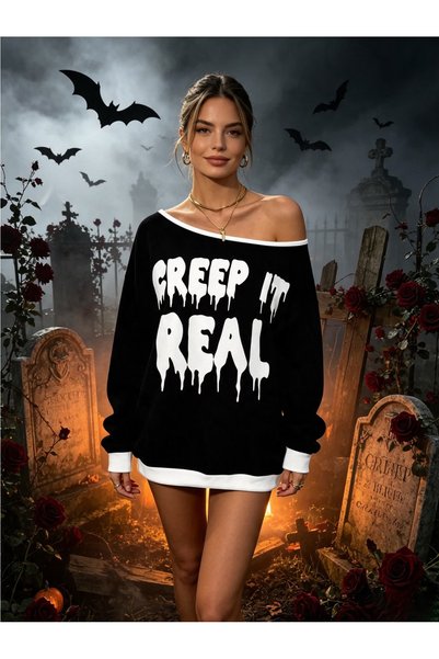 OVER HEAD Hanorac de damă Creep It Real cu imprimeu colorblock și umeri goi