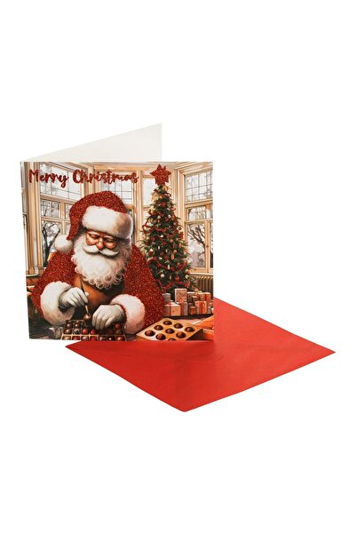OEM Felicitare Moș Crăciun cu Bomboane Glitter Roșu "Merry Christmas" 15x15 c...