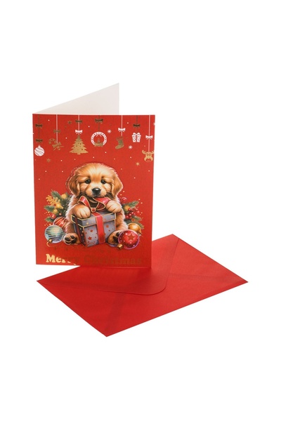 OEM Felicitare de Crăciun Roșie cu Cățel Cadou și Ornamente "Merry Christmas"...