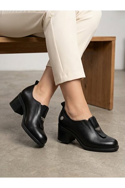 Mammamia Women's Black Genuine Leather Orthopedic Sole Thick Heeled Daily Cla...