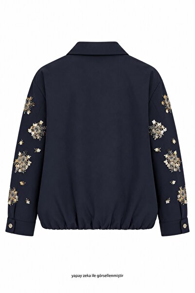 elifteke Floral Bouquet Zippered Jacket Navy Blue