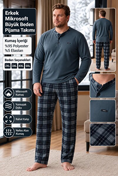 Pijamoni Pjm Men's Battal Size Microsoft Buttoned Collar Winter Pajama Set 64...