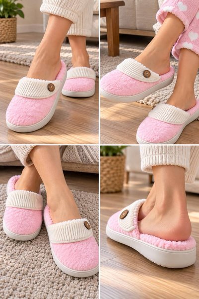 GKT SHOES Women's Comfortable Lightweight Button Detailed High Eva Sole Plush House Slippers New Season