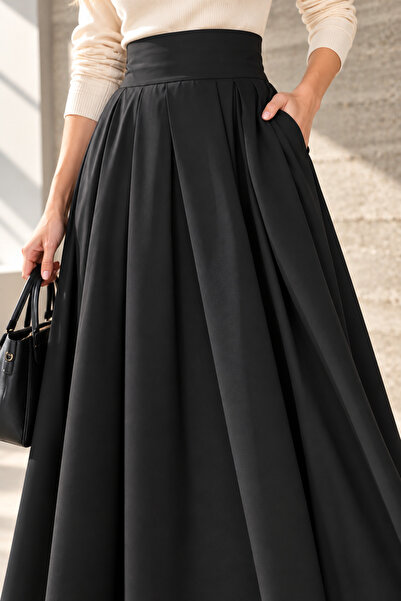 MERİDE Women's Black High Waist Pleated Long Maxi Skirt with Elastic Back - 083-Black - m
