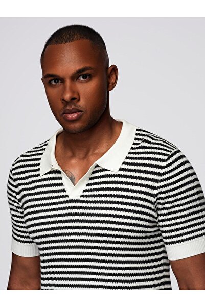 OMBRE Tricou polo tricotat pentru bărbați, croială slim, guler deschis fără n...